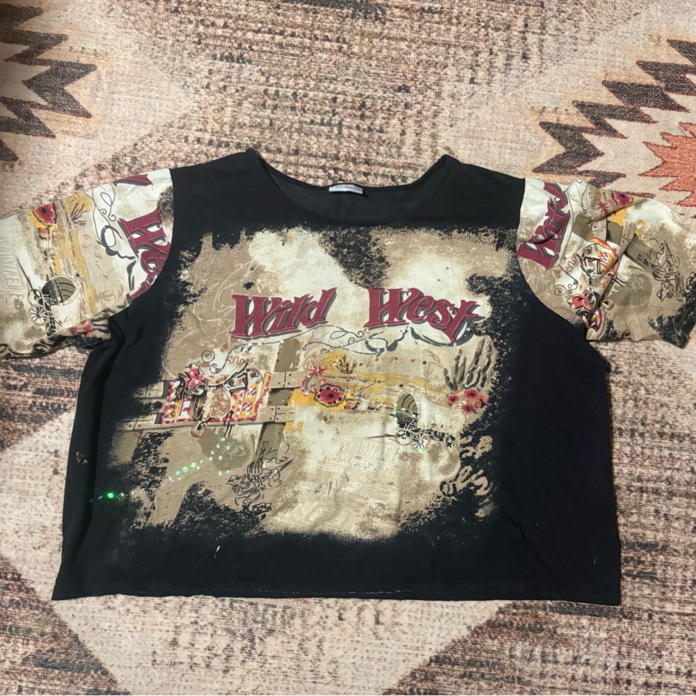 Wild West Graphic Sequin Top - Western Rodeo Bleach Wash Oversized Cropped Tee